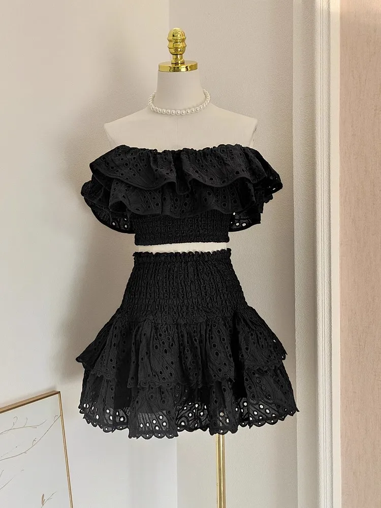 Summer Holiday Two Pieces Set Women Cotton Embroidery Sexy Slash Neck Ruffles Crop Tops And High Waist Short Shirts Suits Beach