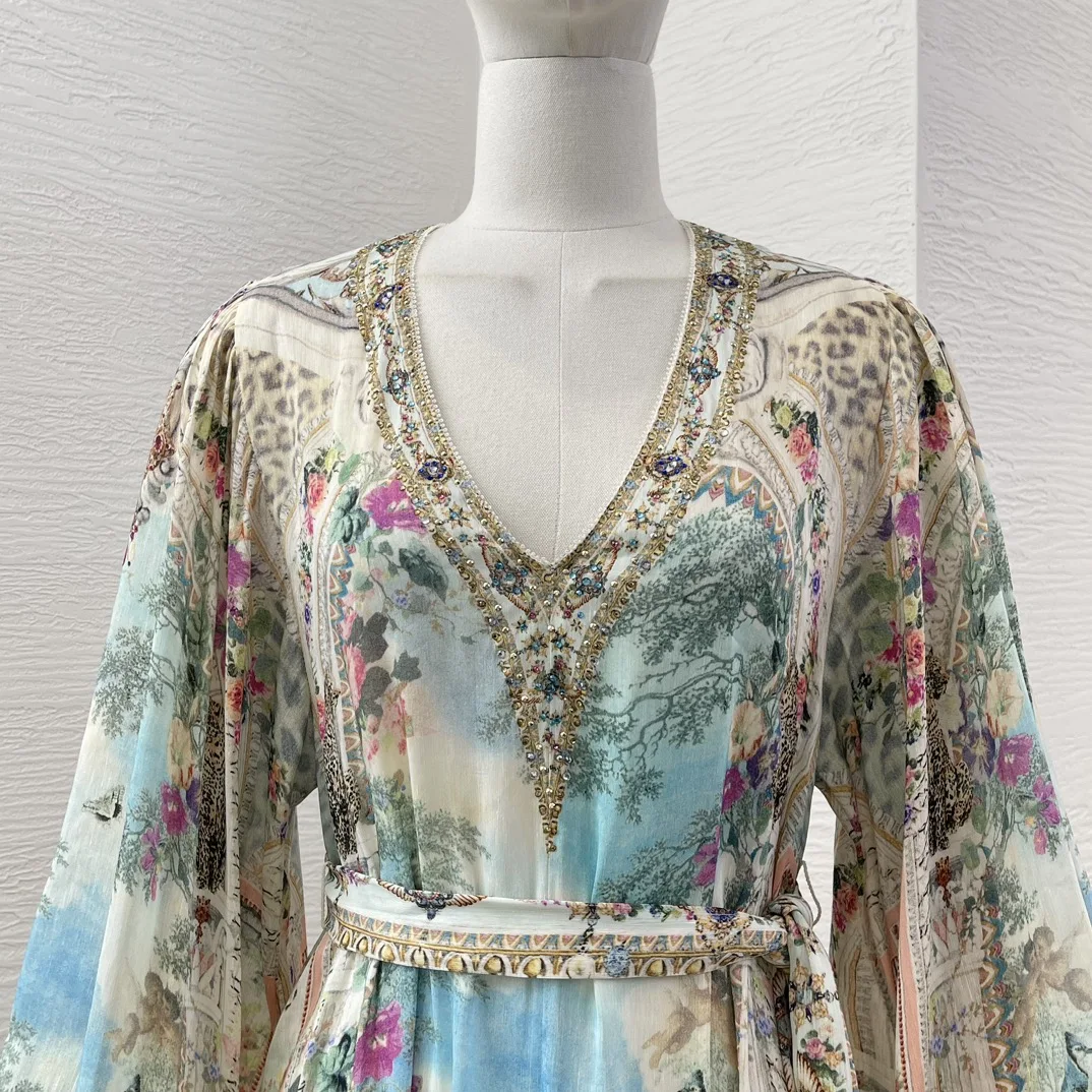 2024 Spring Autumn New Color Floral Diamond-Encrusted V-neck Long Sleeve Lantern Sleeve Loose Belt Long Dress