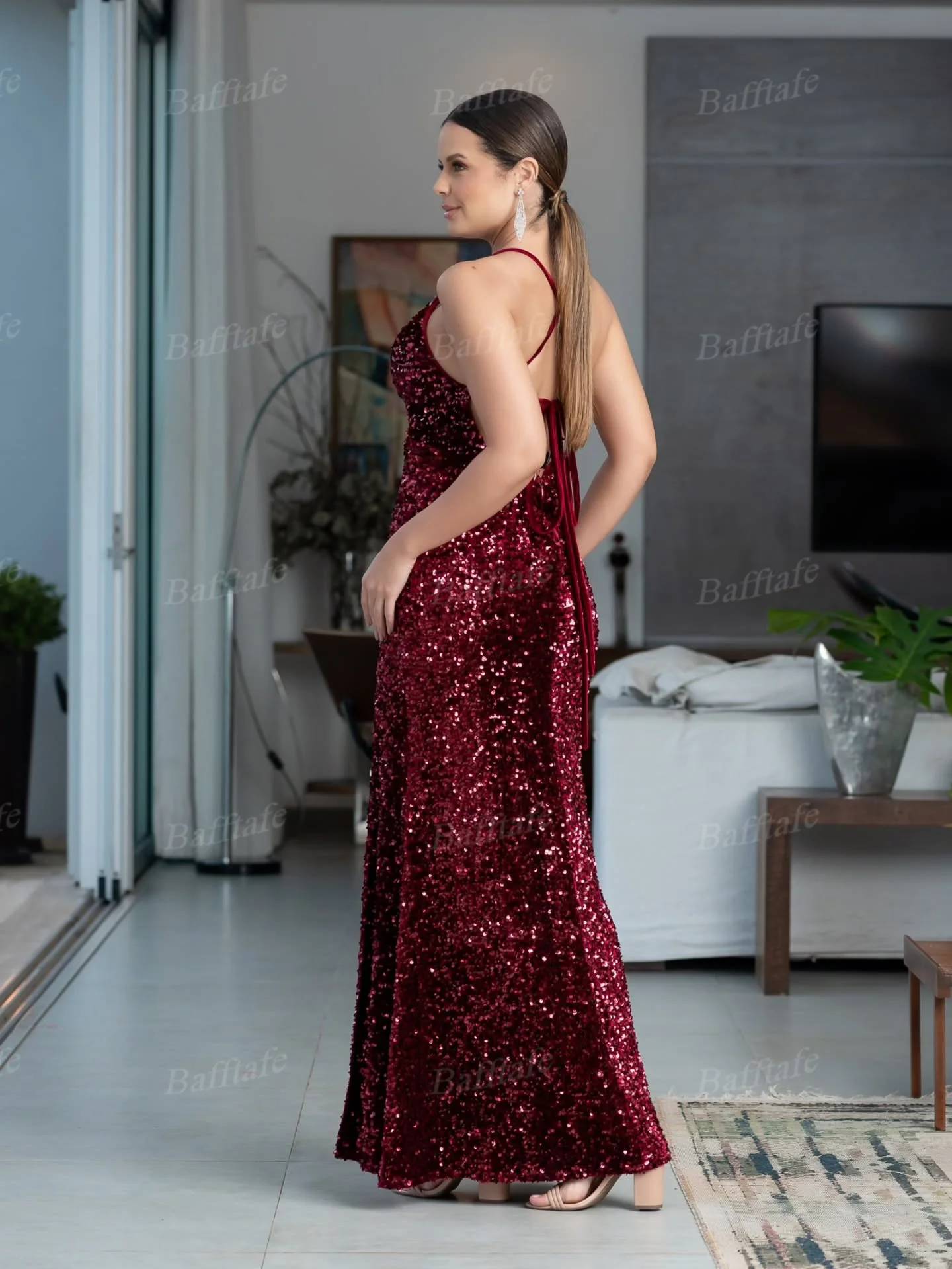 Bafftafe Customized Fishtail Velvet Sequin Prom Dresses Sexy V-neck Backless Split Women's Wedding Engagement Party Gowns 2026