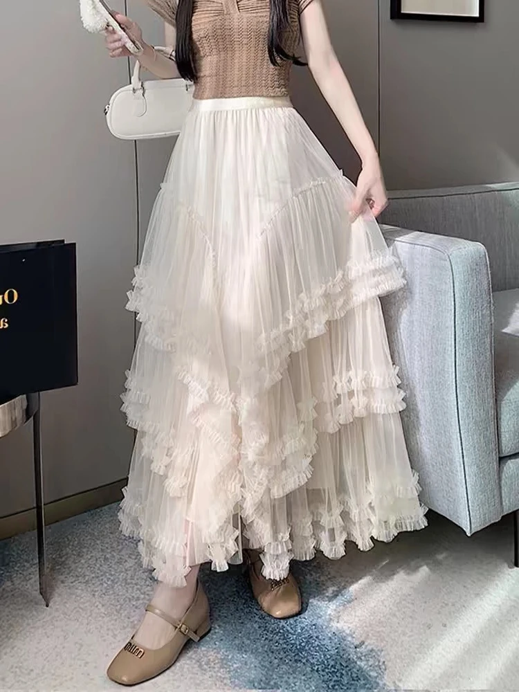 

French Lace Skirt Solid Color Long Cake Oversize 2025 Spring Summer Elegant Fashion High Waist A-Line Mesh Puffed Skirts Women