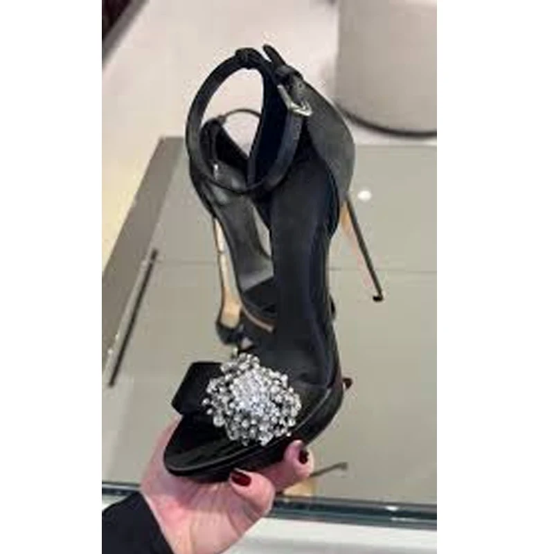 Black Satin Rhinestone Platform Stiletto Sandals Woman Summer 2026 Ankle Strap Open Toe High Heels Party Wedding Prom Shoes