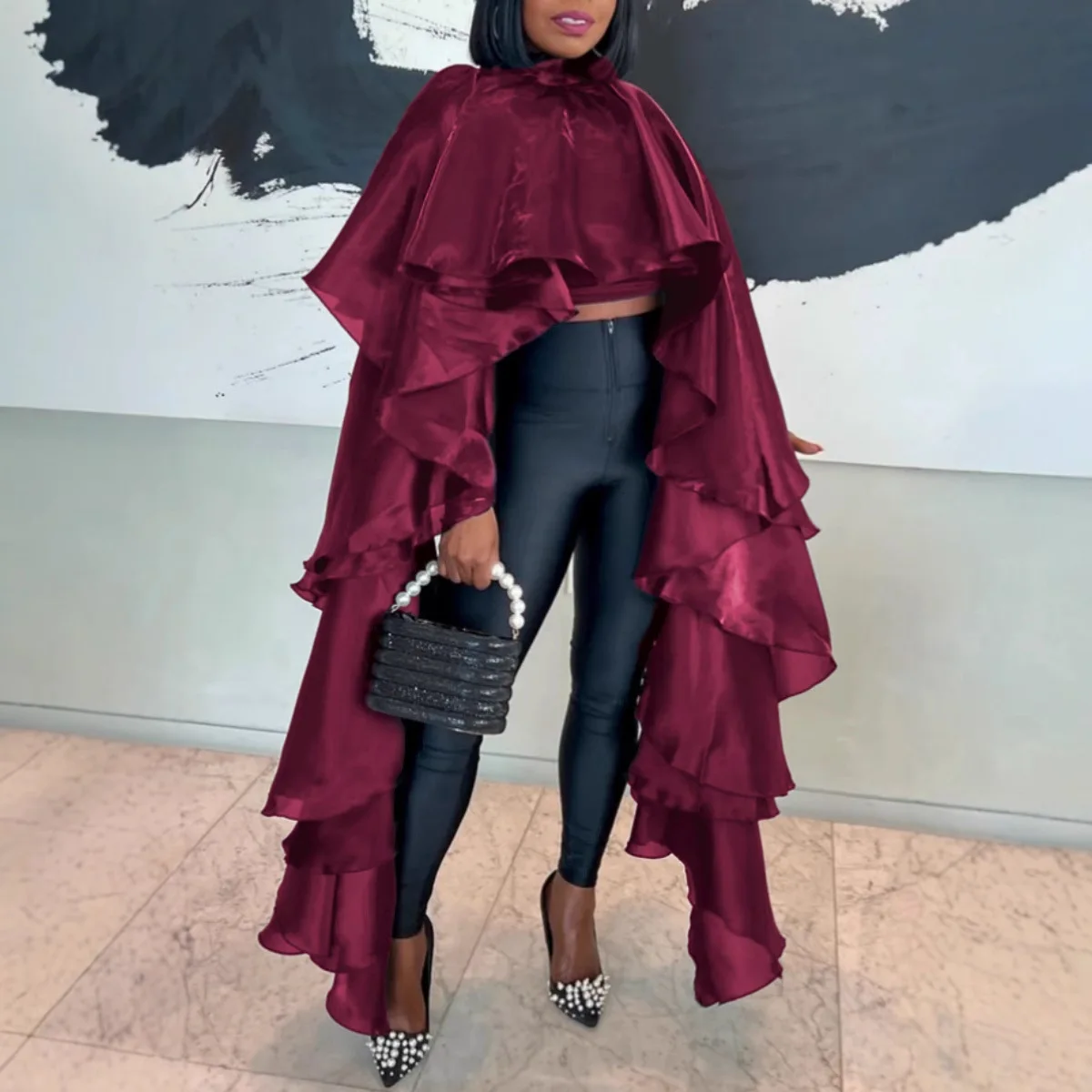 S10981 섹시한 캐주얼 새틴 루스 케이프 스타일 풀오버 셔츠 디자이너 겸손한 봄 Femme 2025 여름 드레스 가운 Vestido 여성 파티