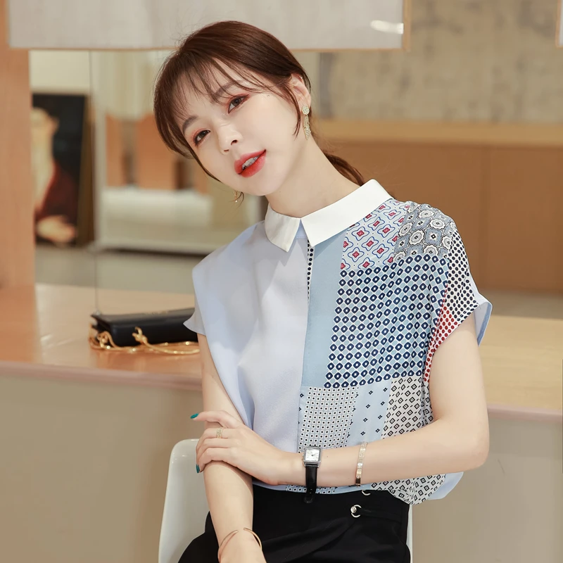 

Женская свободная блузка из шелковой смеси с коротким рукавом, тонкий шифоновый топ для офиса, летняя мода 2026, новый стиль, с принтом, на молнии