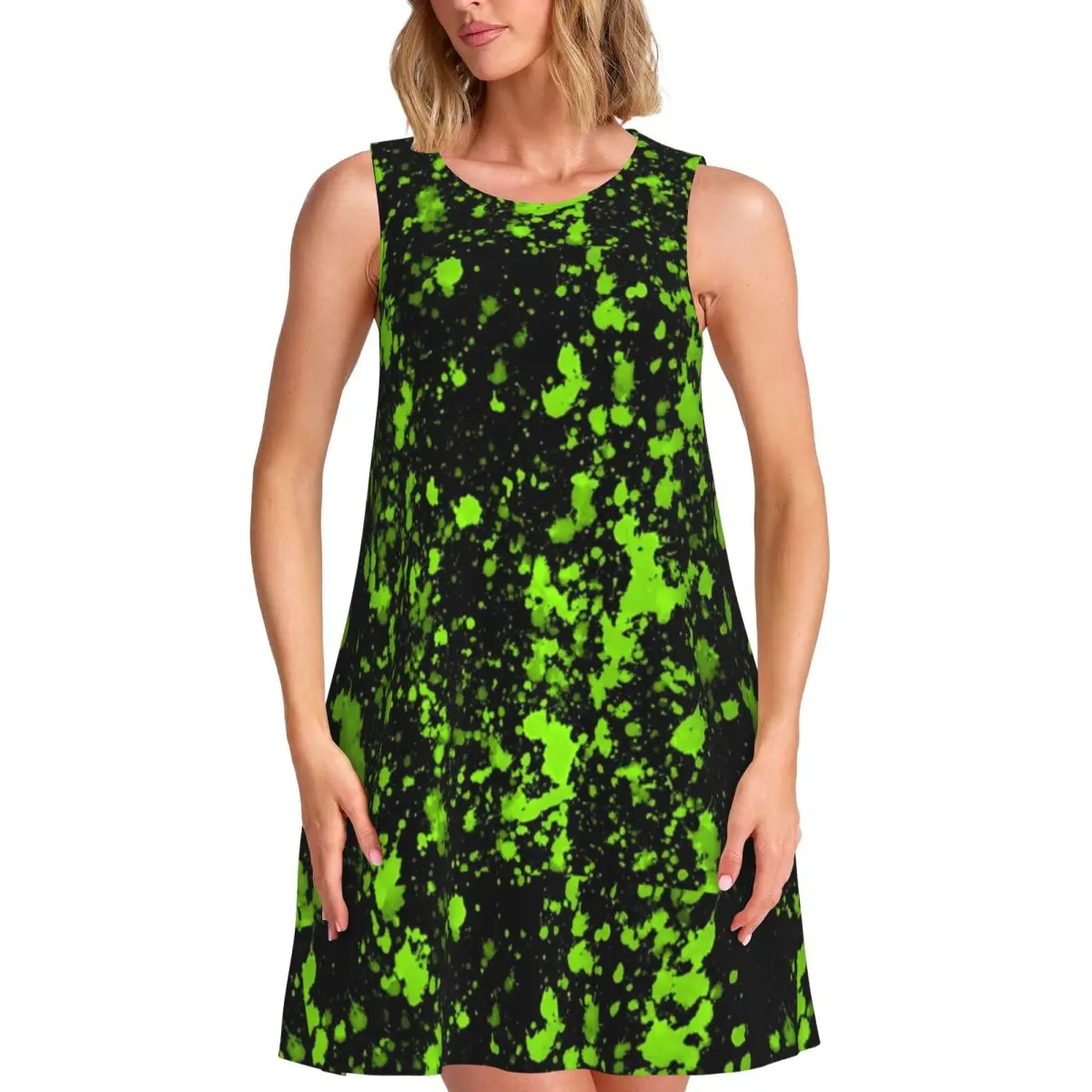 Green Paint Splatter Casual Dress Cool Neon Print Sleeveless Cute Dresses Lady Simple Dress Daily Graphic Clothes Gift Idea