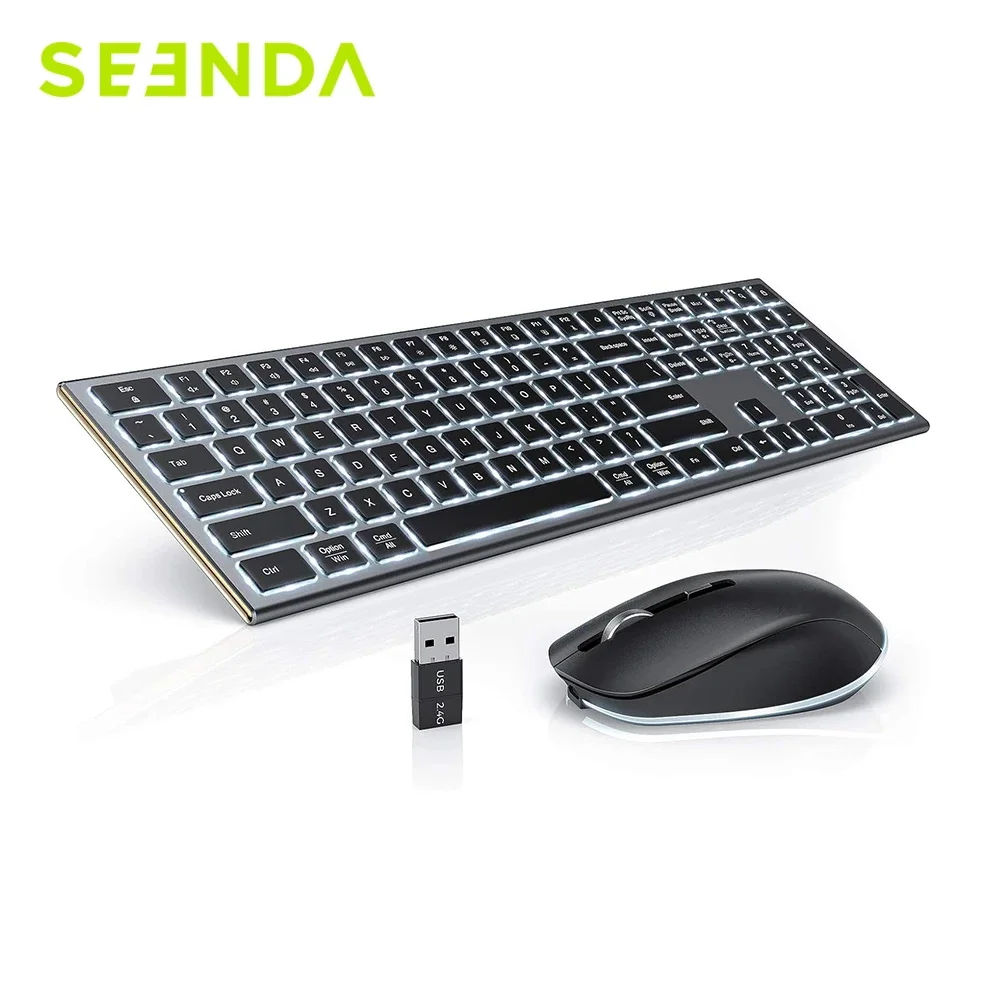 

Seenda Backlit Wireless Rechargeable Full Size Keyboard and Mouse Combo for MacBook Windows Laptop 2.4G USB TypeC Silent Click