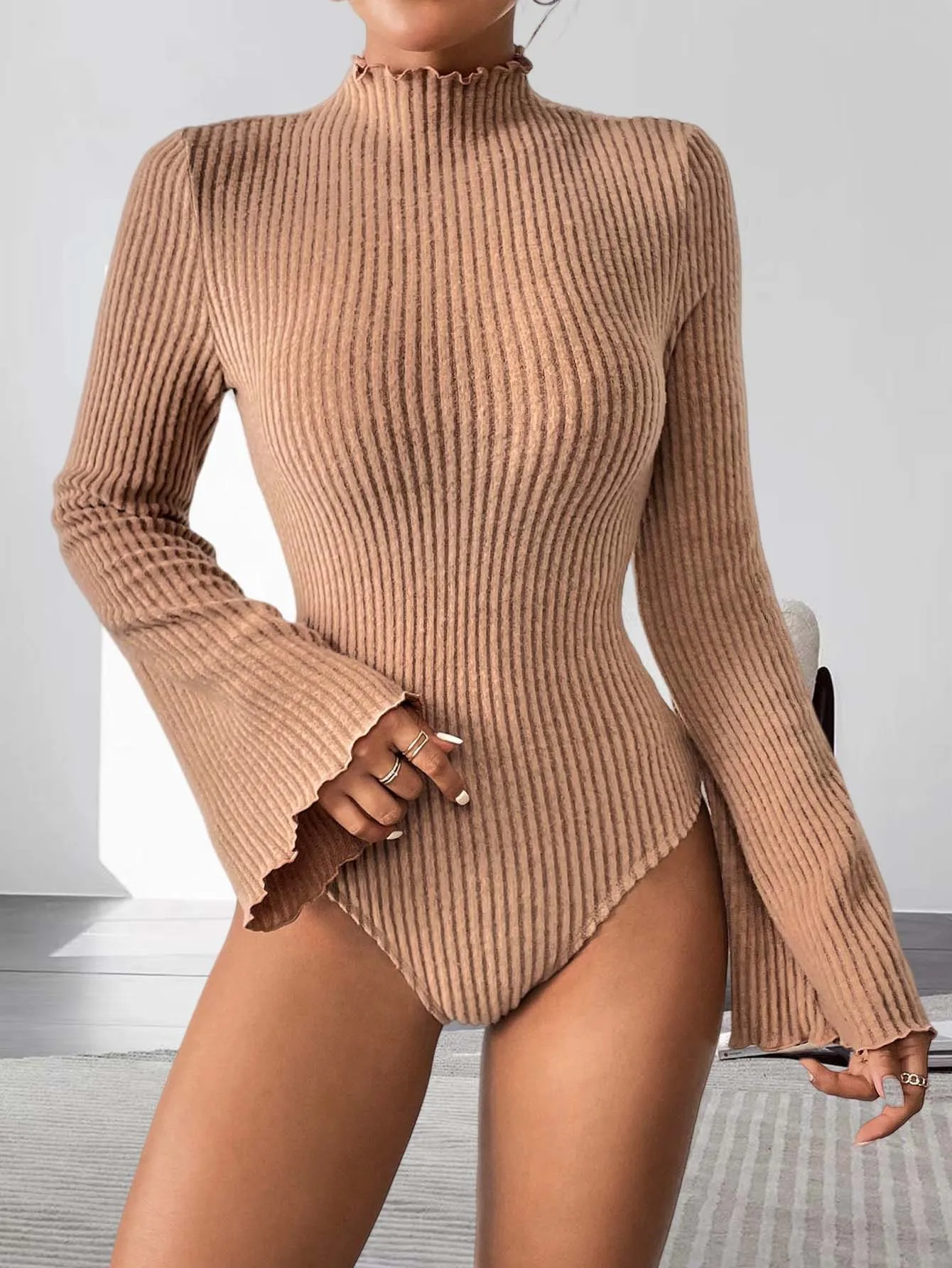 Women Mock Neck Ribbed Knit Flare Long Sleeve Bodysuit Lettuce Trim High Cut Slim Fit Y2K Sexy Casual Basic One Piece Top