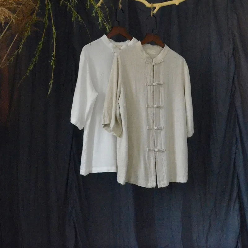 

Retro Sle Cotton Linen ort Sve Women's irt Tai Chi Set Tea Costume Casual Top for Spring New Arrival