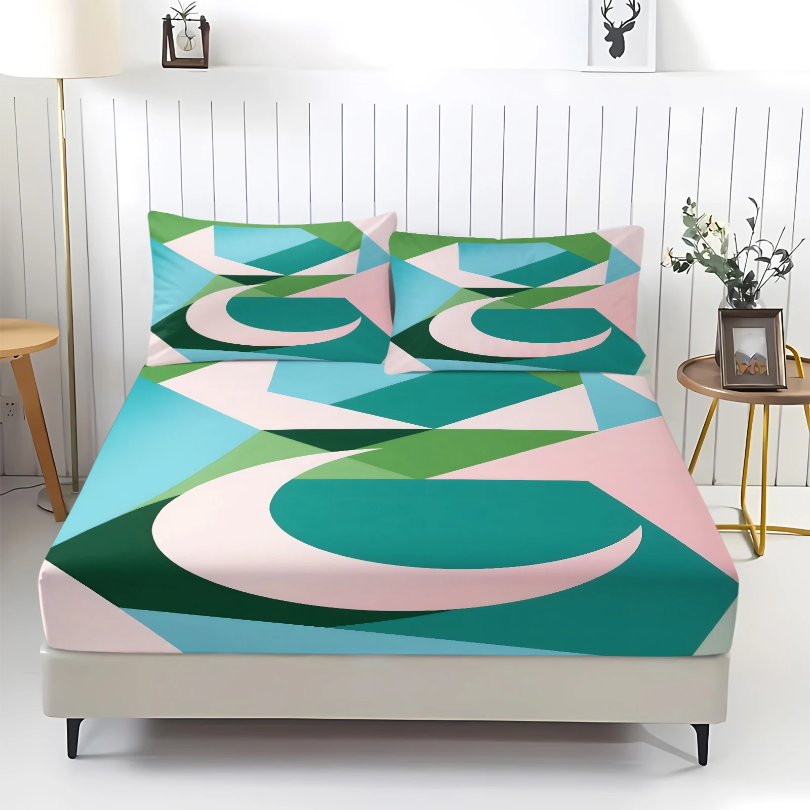 Geometric Crescent Moon Printed Fitted Sheet Set with Pillowcases Modern Abstract Green‑Pink Cubic Elastic Mattress Cover