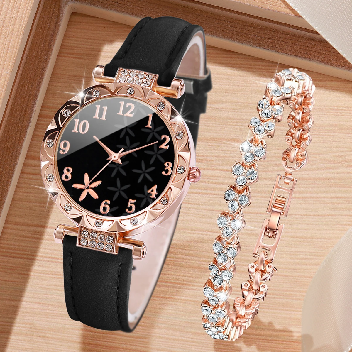 2PCS/Set Fashion Rhinestone Women Watches Casual Leather Band Quartz Watch Bracelet Set Reloj Mujer Girls Clock（Without Box）