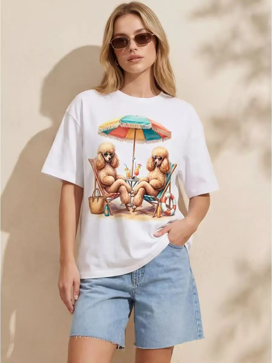 T-shirt pour femme style américain, chemise d'été boutique à manches tombantes, t-shirt décontracté simple en coton imprimé motif chien de dessin animé