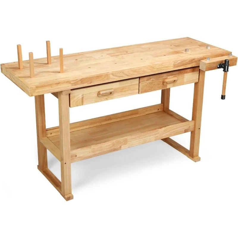 

Heavy Duty Wood Workbench, Wooden Workbench with 2 Drawers for Workshop, Garage, W/Adjustable Handle, TOOLS-00521
