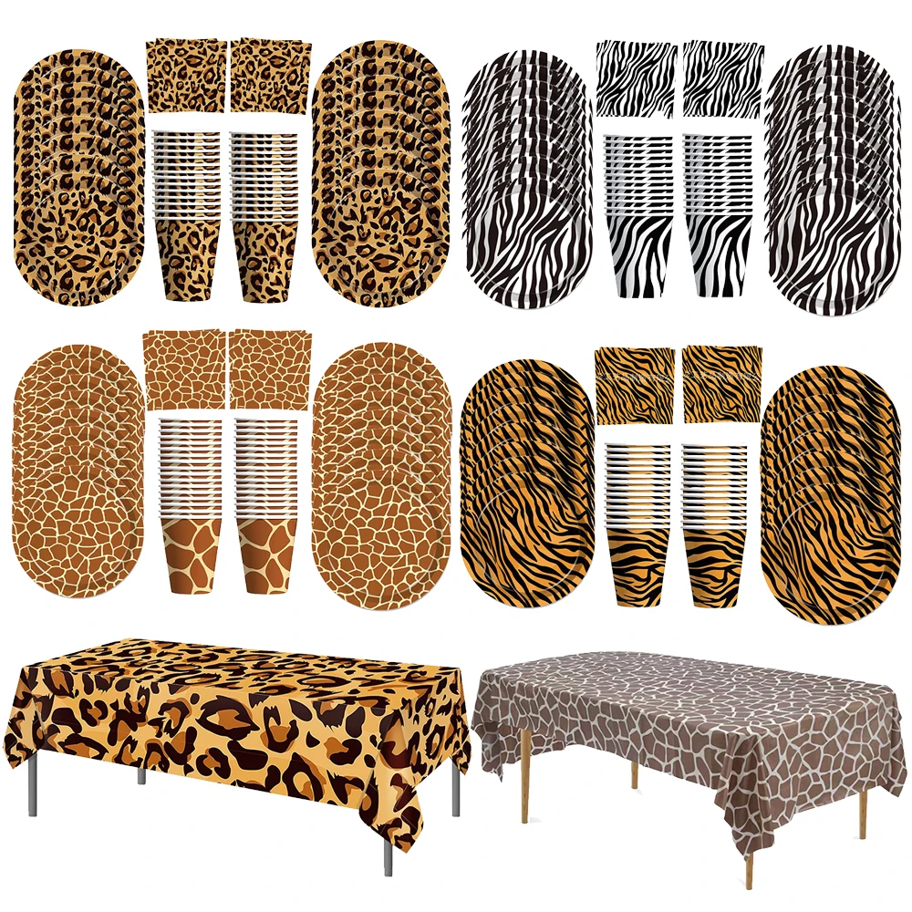Dschungeltiere Einweggeschirr Set Tiger Zebra Giraffe Druck Pappteller Tassen Servietten Tischdecke Geburtstag Party Dekor