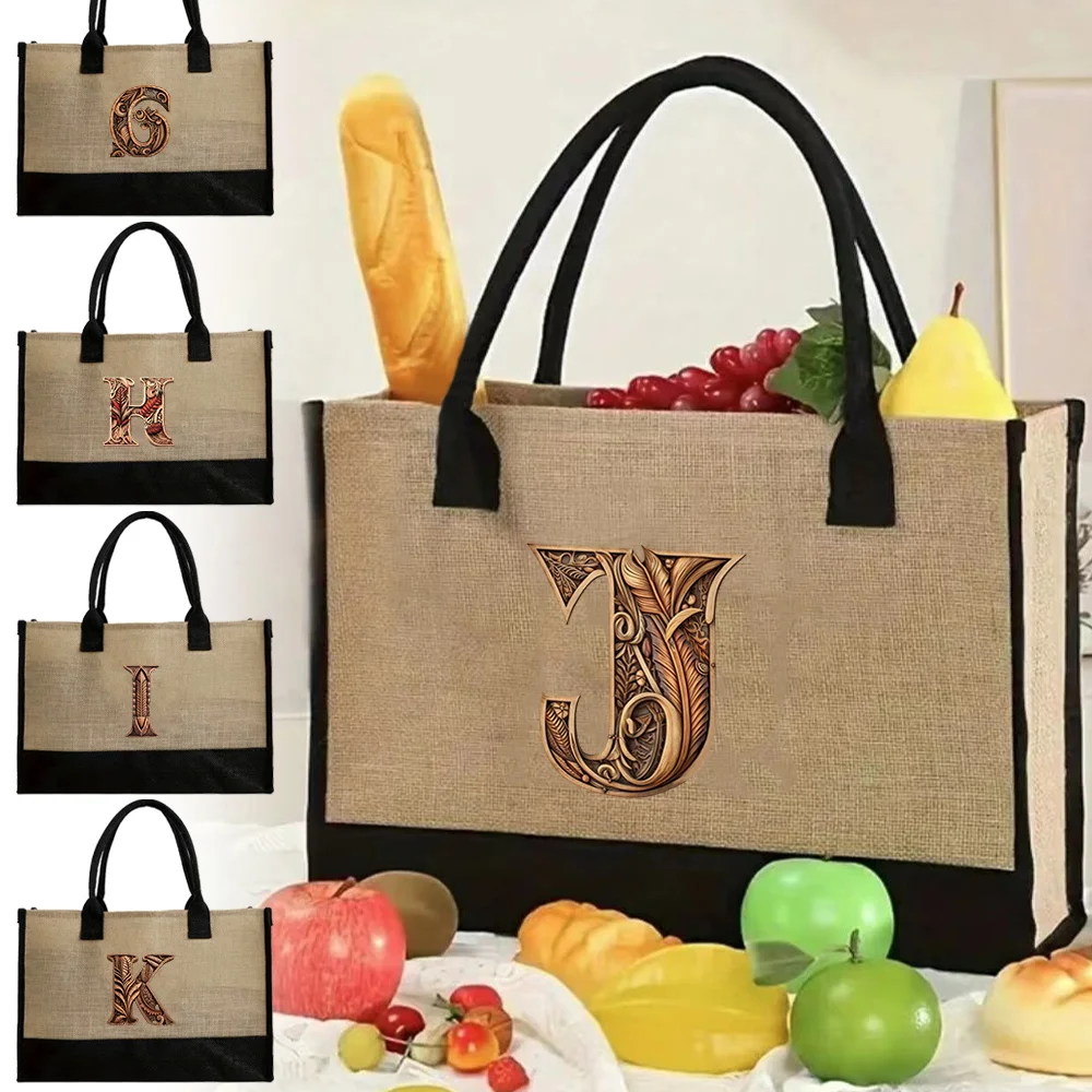 

Large Capacity Storage Bag Handbag Vintage Jute Bags Commuting Bags Wood Art Letter Pattern Simplicity Canvas Organizers Bag