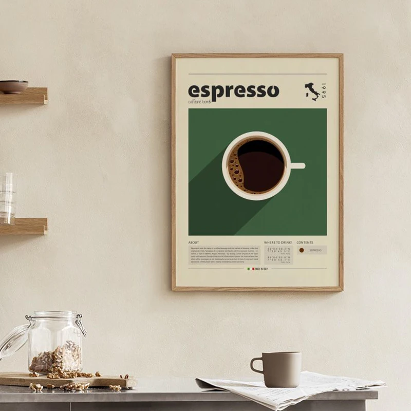 Cup Of Espresso Olives Botanical Green Wall Canvas Print Art Poster Decorative Painting Modern Elegant Pictures for Living Room