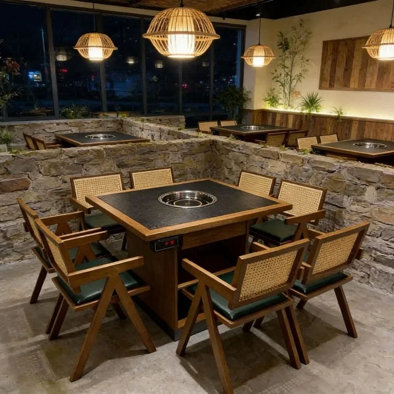 Solid wood mountain wild hot pot restaurant dining table and chairs, rock slab barbecue table induction cooker customization