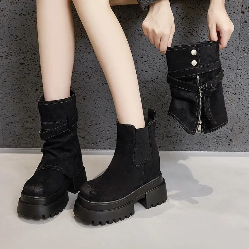 

Genuine Leather Boots Heightening Inner Design Mid-Calf Smokestack Boots Fashionable Casual Boots for Women