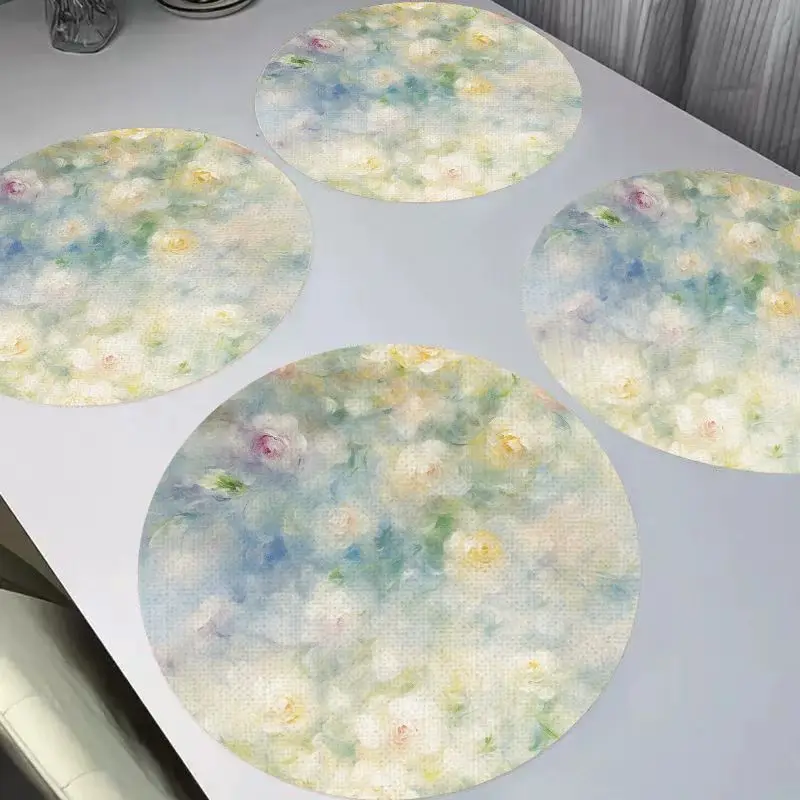 VIKAMA Monet Watercolor Flower Round Linen Table Mat Insulation Washable Wear resistant Table Mat Table Decoration