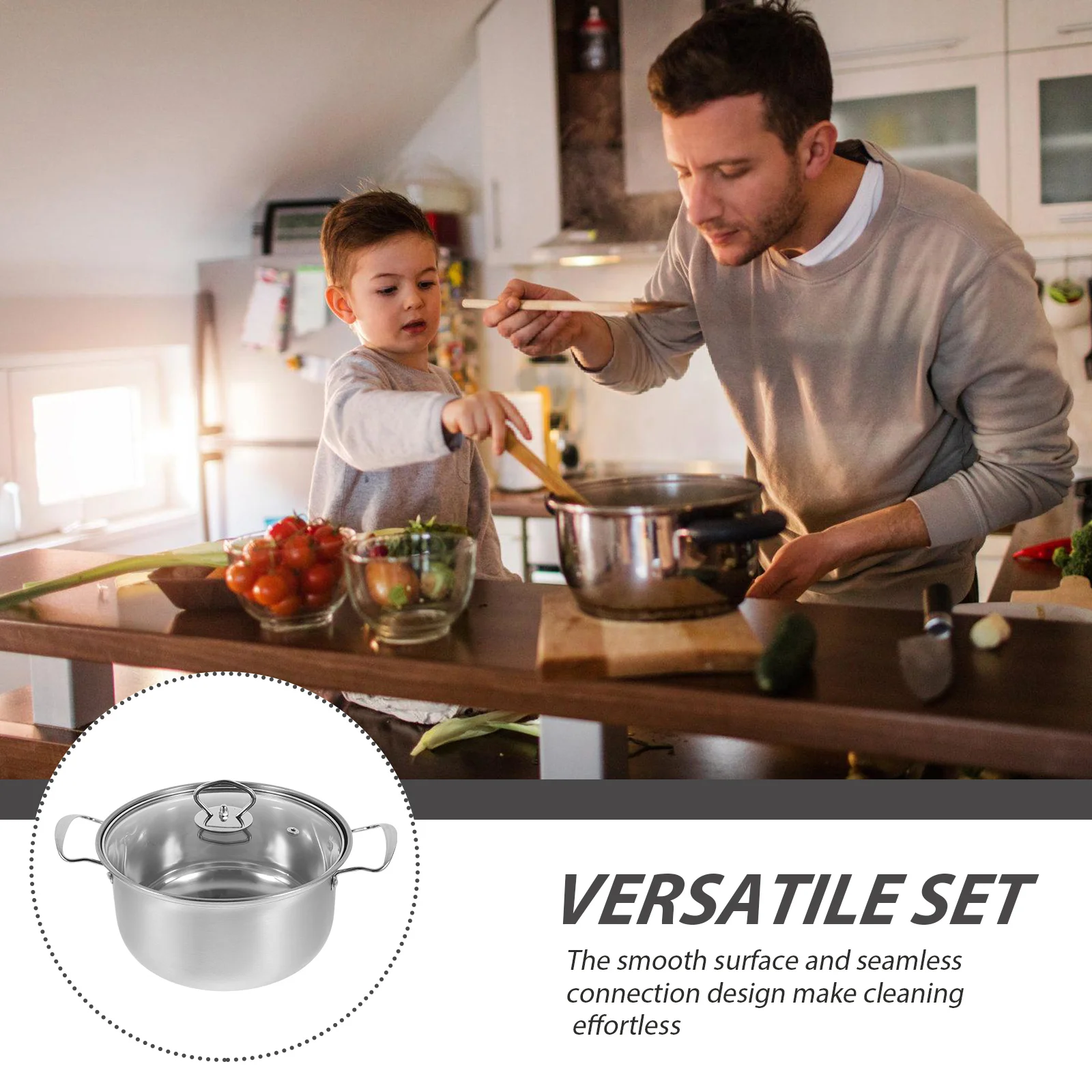 

1 комплект посуды из нержавеющей стали, суповая кастрюля, молочная кастрюля, сковорода с ровным нагревом, антипригарная поверхность, кухонная сковорода