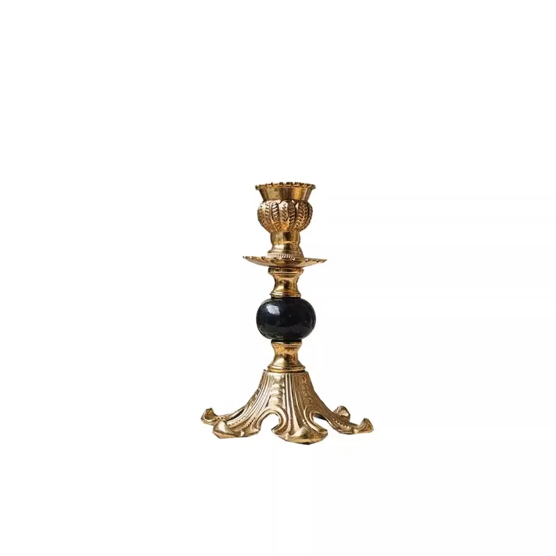 Antique Solid Brass Candle Holder with Hand-Carved Floral Motifs Acrylic Accents Tabletop Decor for Dining Room Vintage Copper