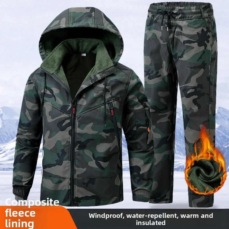 

Thickened Camouflage Workwear Set for Men Loose Fit Winter Construction Site Uniform with Fleece Ideal for Welder