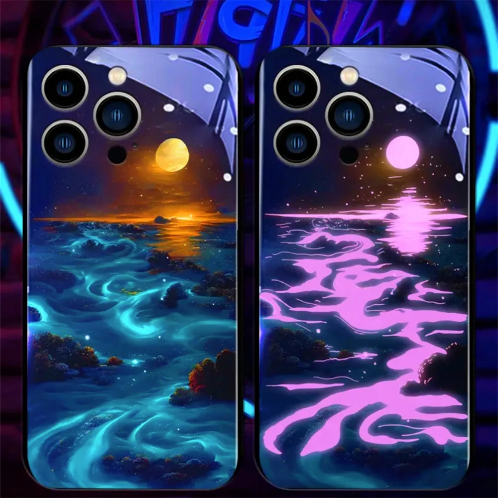 Fluorescent Lunar Sea Design Smart LED Light Glow Tempered Glass Phone Case For iPhone Air 17 16 15 14 13 12 11 Pro Max Plus view 5