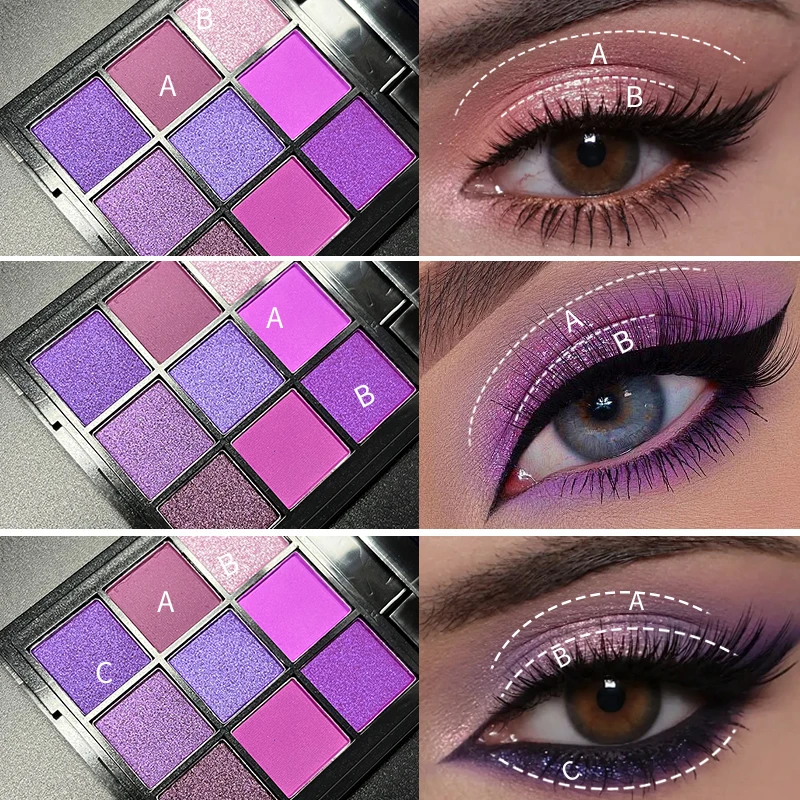 9-kleuren paars oogschaduwpalet met gratis penseelset met twee uiteinden - rijke matte glans- en glittertinten voor dagelijkse make-up en feestmake-up