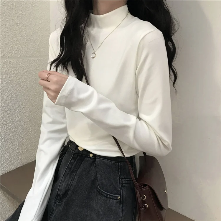 

2025 Half-high Collar White Base Shirt Women Inner Wear Autumn Winter Long Sleeve T-shirt Slim Fit Warm Top Outdoor Wear