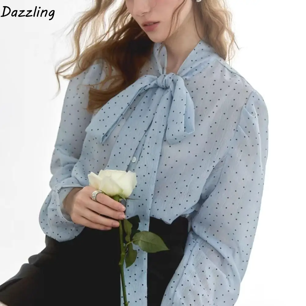 

Chic Sweet Chiffon Blouses for Women Lace Tied Up Thin Long Sleeve Shirts Loose Bottoming Shirt Dots Baggy Shirts Office