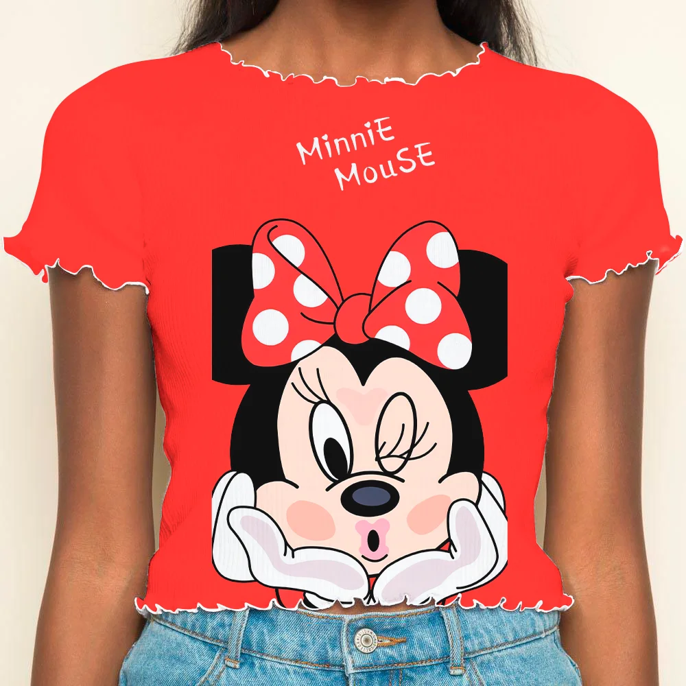 Crop Tops Sexys T-shirt Summer Clothes Women 2024 Disney T-shirts Woman Clothing Minnie Mouse Y2k Lettuce Trim Top Short Sleeve