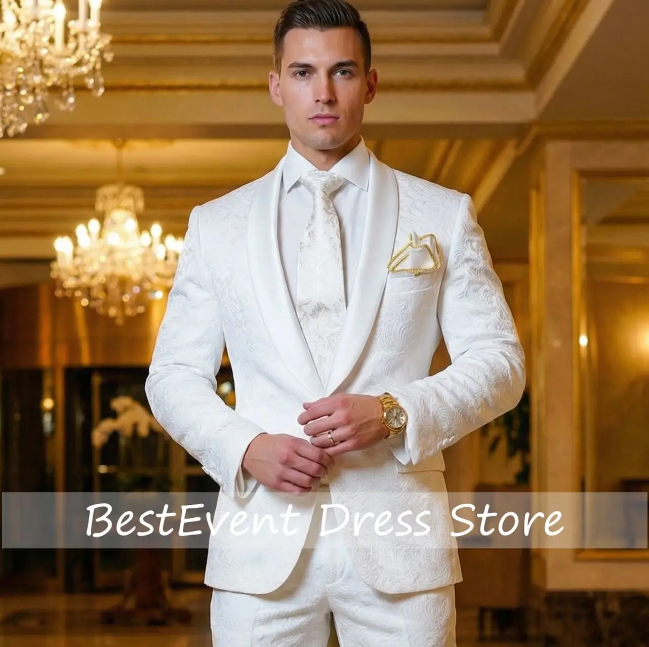 Groomsmen White Pattern Groom Tuxedos Shawl Satin Lapel Men Suits 2 Pieces Wedding Bridegroom Customized
