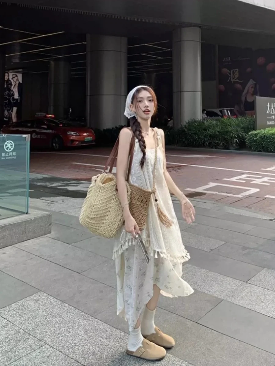 n Weißer Quastenträger Dr. Damen Sommer New Beach Vaion Asymmetrischer Strand Langer Rock Hohe Taille A-Linie Dr