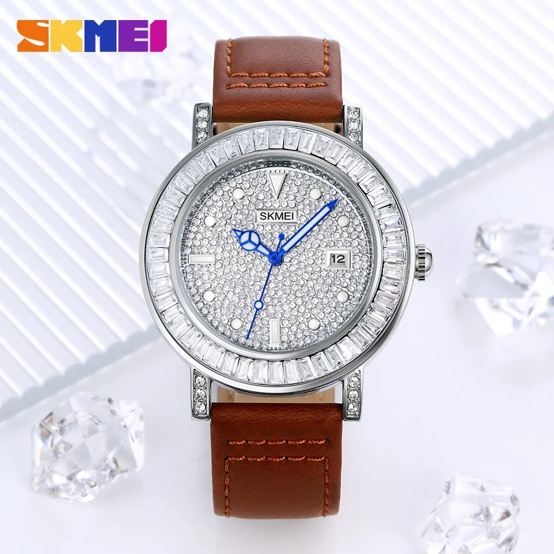 SKMEI Reloj Hombre Glitter Dial Waterproof Quartz Sports Watches For Men Mens Casual Genuine Leather Strap Wristwatch Date Clock