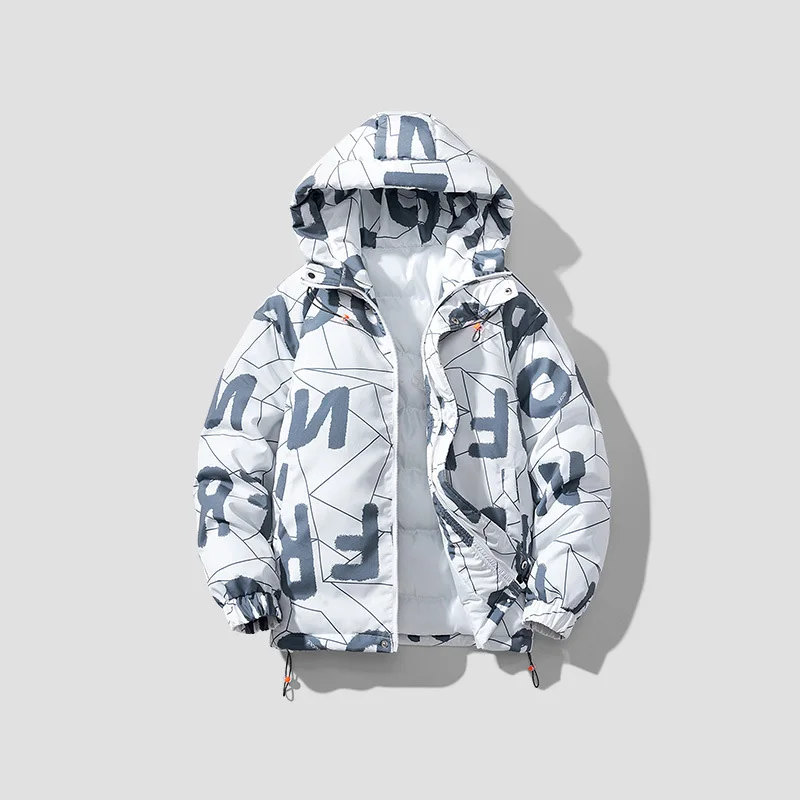 2025 Winter Men Down Coat Fashion Letter Printed Long Sleeve Male Outerwear Thicken Cold-proof Loose Soft Man Hooded Jacket