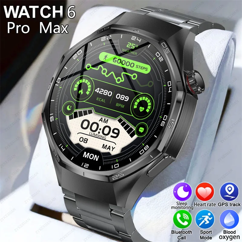 

Новые умные часы Watch 6 Max Global Version для мужчин с HD AMOLED экраном, GPS-трекером, Bluetooth-звонками, водонепроницаемостью, для спорта и здоровья.
