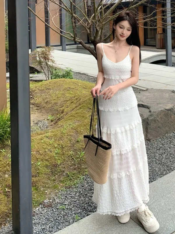 Vestido E Branco Sem Alças para Mulheres, Vestido de Verão com Cintura Ajustada, Saia Longa em Camadas, Vestido A-Line...