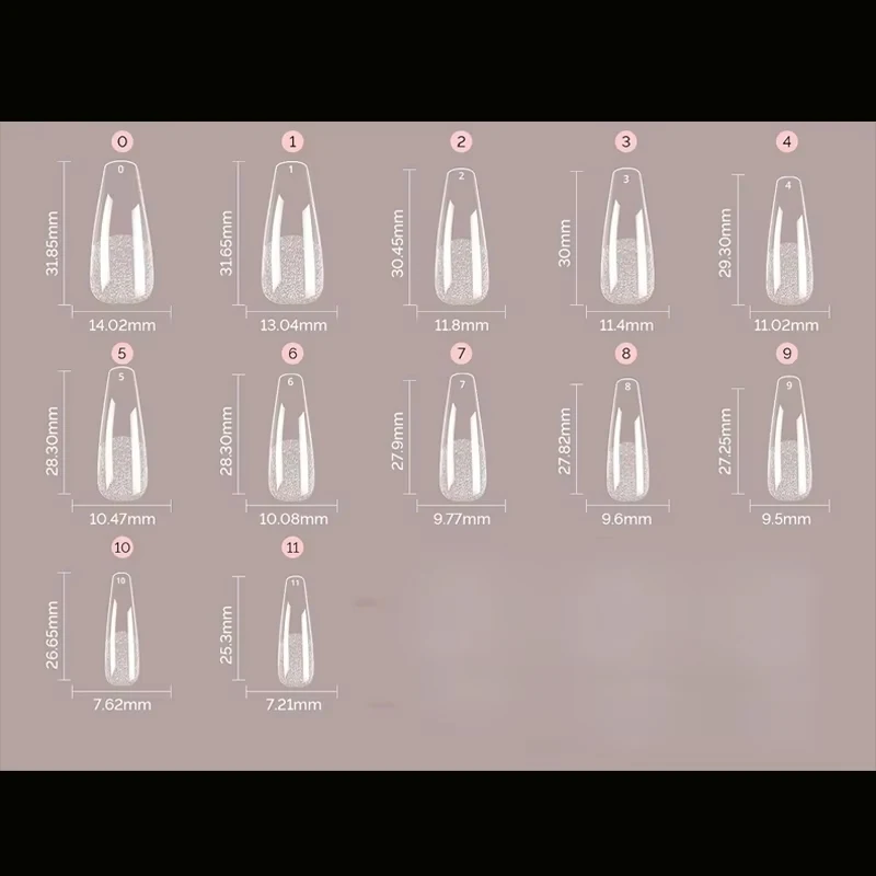 120個入り 純色マットバレエ棺型ネイルチップ ロング透明アクリル付け爪 プレスオンフルカバーセット 12サイズ