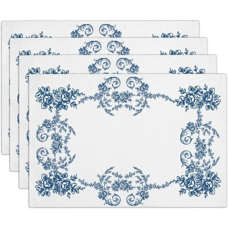 Boho Style Blue Floral Linear Checkerboard Pattern Linen Placemats for Kitchen Dining Picnic Party Decoration
