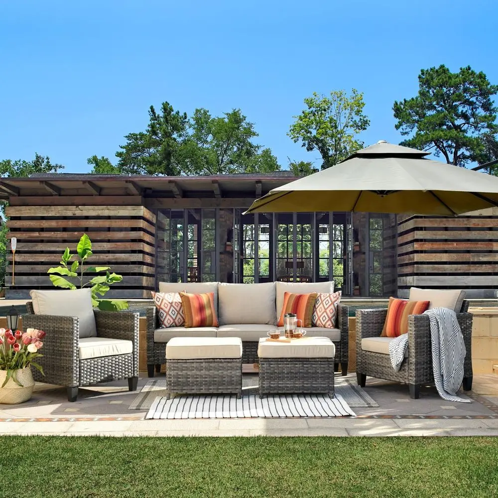 

5-Piece Outdoor Wicker Sofa Set with Cushions, Ideal for Patio, Deck, or Porch, Beige