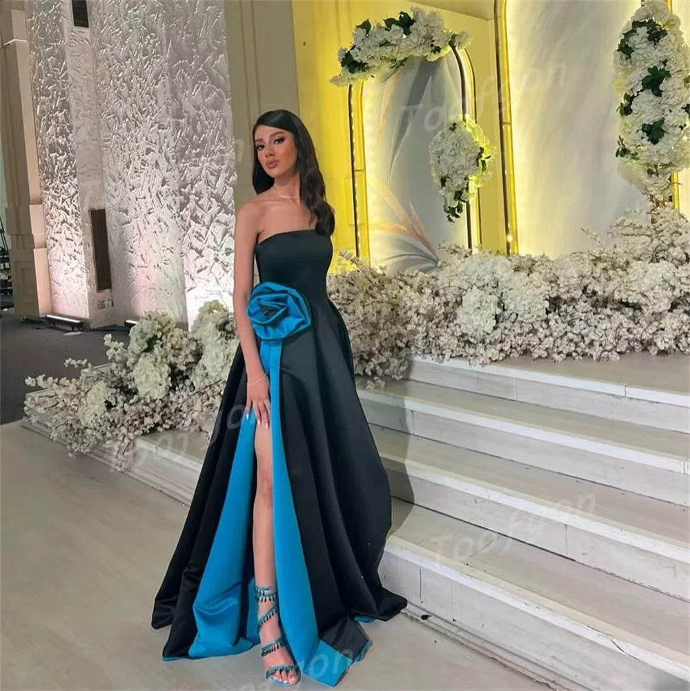 Toofgon Satin bretelles saoudien arabe robes de bal personnalisé 3D Rose fleurs haut côté fente femmes formelle fête robes de soirée