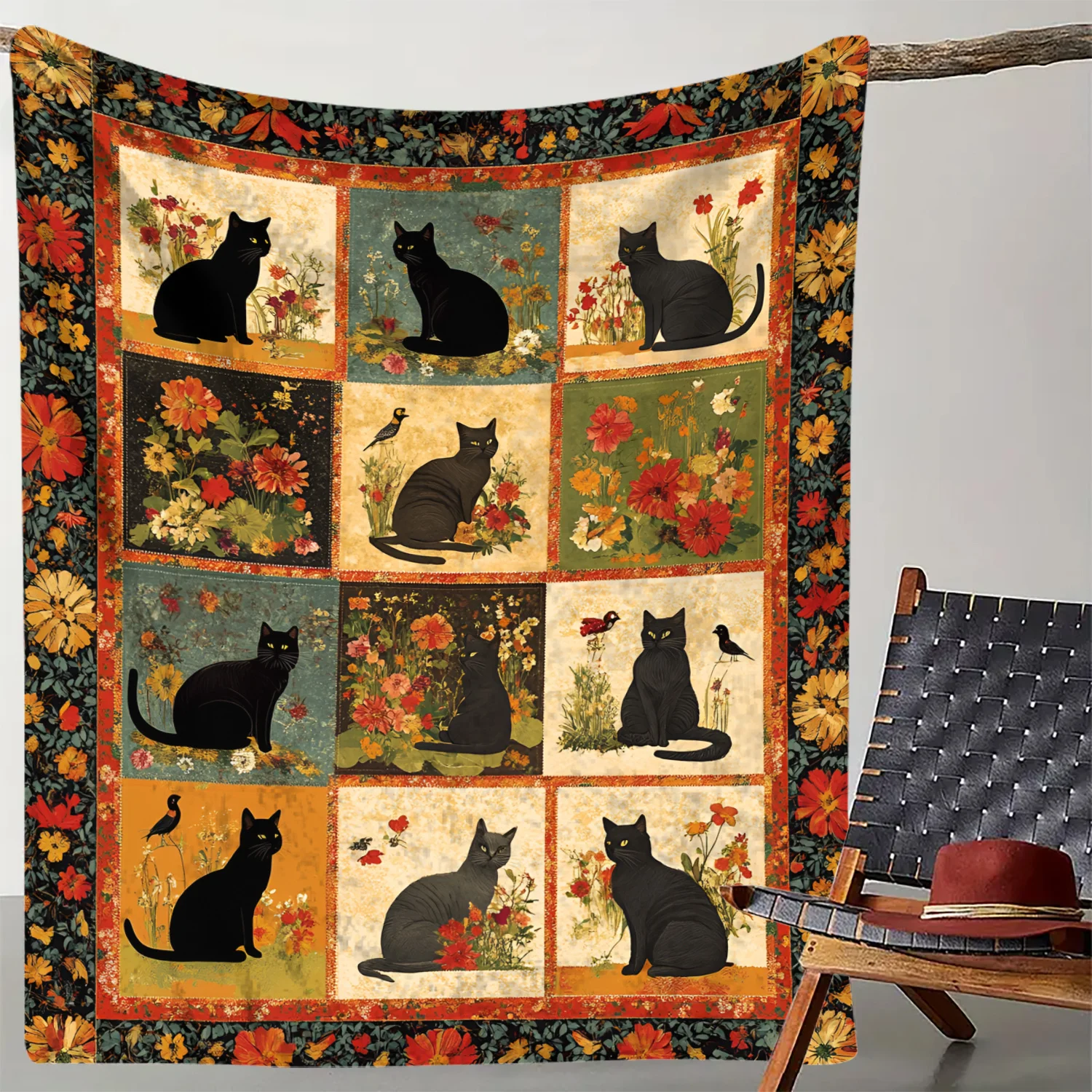 

Cozy Rose & Black Cat Themed Flannel Throw Blanket Warm, and Lightweight for Couch, Bed, Sofa, Office, and Travel
