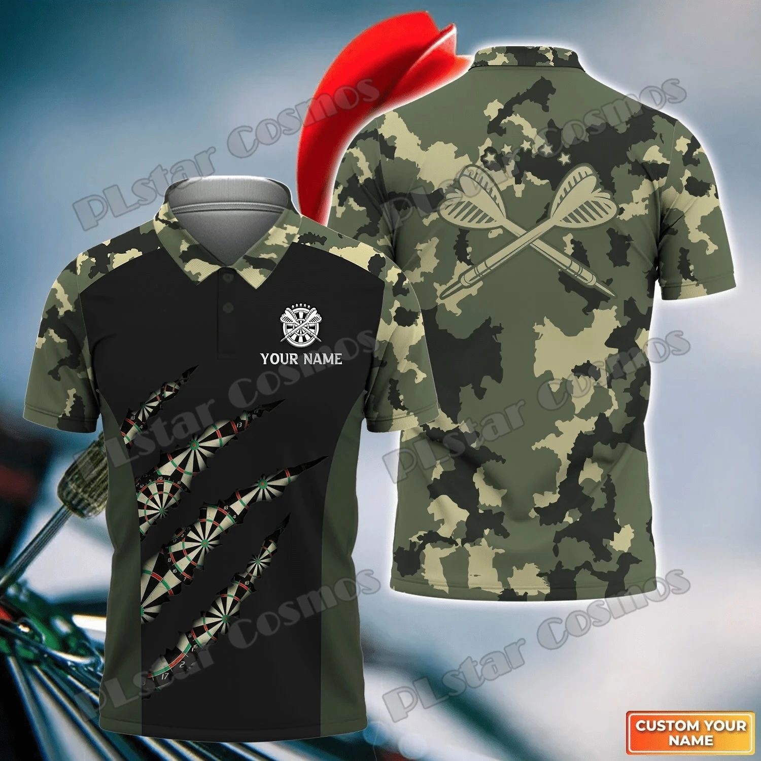 Polo con estampado 3D de dardos para hombre, camiseta informal de calle para jugador del equipo de dardos, patrón de nombre personalizado, WK57