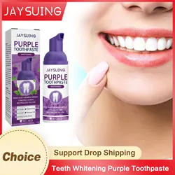 Pasta de dientes púrpura para blanquear los dientes, espuma de respiración refrescante, limpieza de Mousse, brillo, Reduce el color amarillo, Corrector