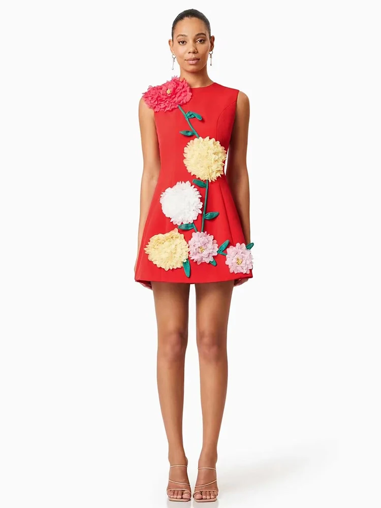 

Vintage color Mosaic stereo decal round neck sleeveless dress 2025 summer women's sundress fashion waist waist A-line skirt