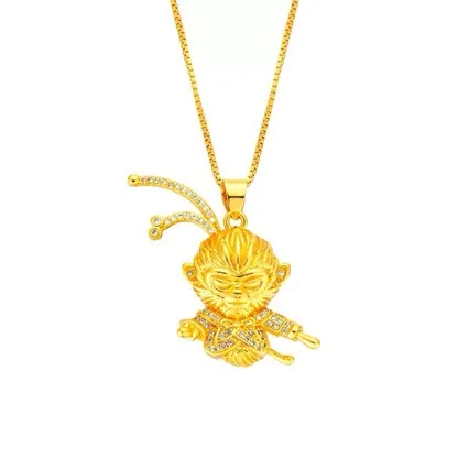 Unisex 24K Gold Zircon Monkey King Pendant, AU999 | Zircon-accented eye halo, glamorous statement of opulent rebellion.