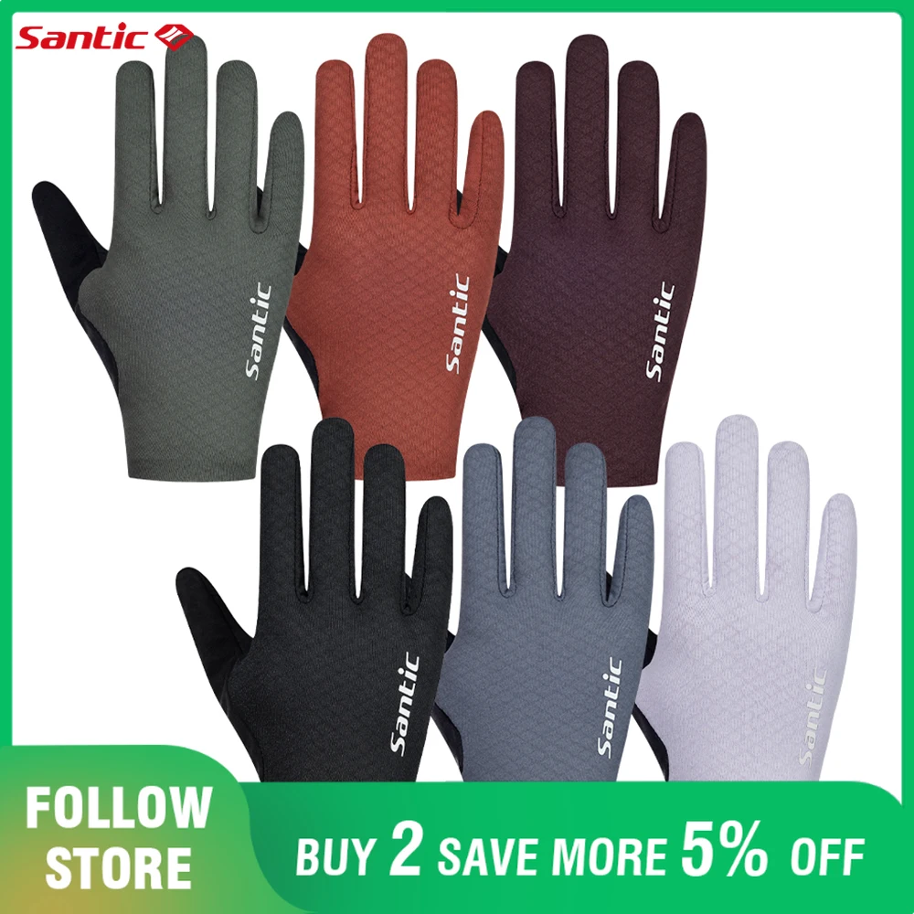 Santic Men's Light Weight Cycling Gloves MTB Bike Warm Plus Fleece Windproof Touch Screen Road Bike Full Finger Winter Gloves