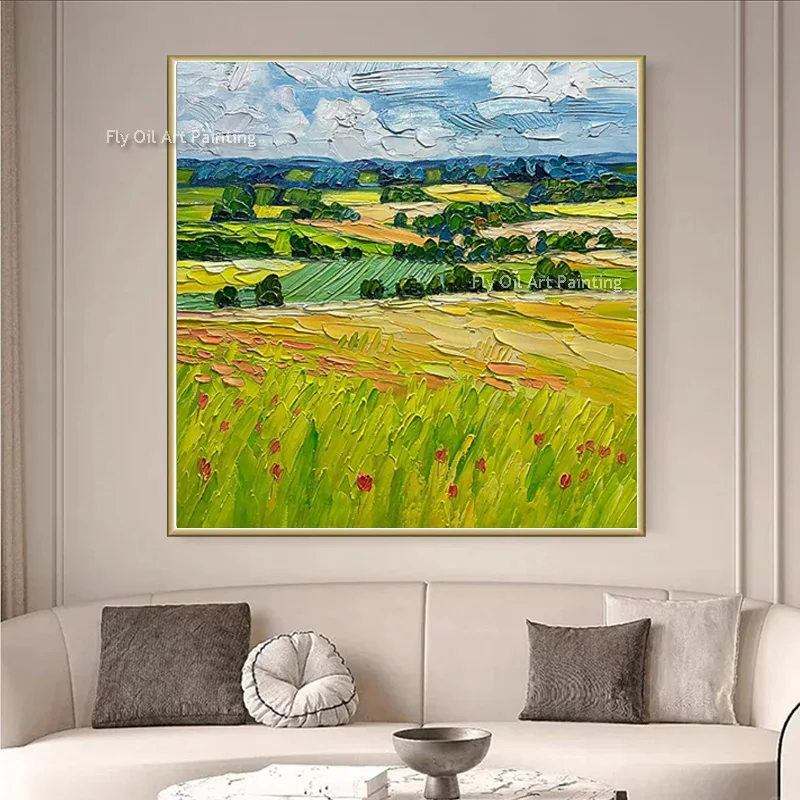 Blue Sea Red Fishes Simple Wall Art Decor For Room New Handmade Green Yellow Grass Landscape Oil Painting On Canvas As Gifts