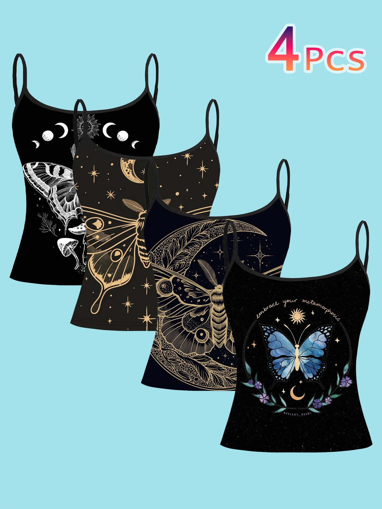4-Piece Set of Astrology-Themed Moth Print Camisole Set with Black and Gold Moon and Star Patterns, Women's Spaghetti Strap Inner Wear Base Shirt