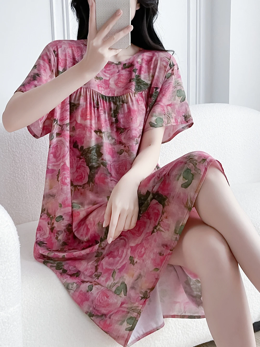 Women's Cotton Silk Sleep Dress Thin Short Sleeve Long Summer Breathable Sweat Absorbent Outerwear Casual Home Leisure Print - view 5