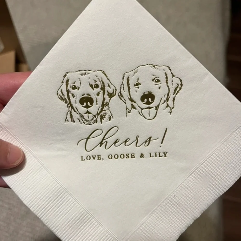 Cheers!-Personalized Illustrated Dog Wedding Napkins, Pet Wedding Napkins,Bridal Shower, Engagement Party, Bar Napkins, 50Pcs