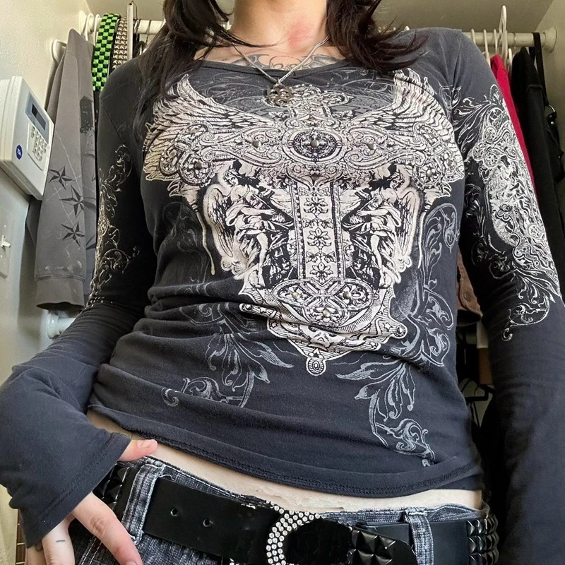Cross Print T-shirt Women Y2K Cyber Grunge 00s Retro Harajuku